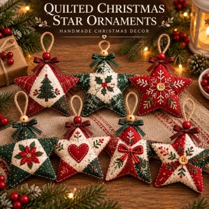 May include: Seven quilted star ornaments featuring red, green, and cream fabric patterns with embroidered details like Christmas trees, holly, hearts, and snowflakes. Each star has a jute hanging loop, a wooden bead, and a small fabric bow.