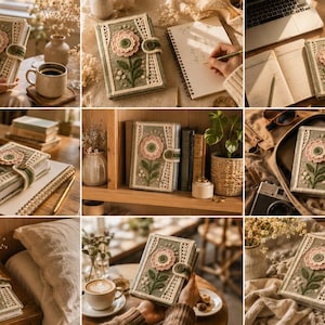 Puede incluir: Un cuaderno rectangular con una cubierta de ganchillo en color verde salvia, decorado con una flor tridimensional en tonos rosa y blanco en la parte frontal. La cubierta incluye una tira de ganchillo verde a juego con un cierre de bot&oacute;n.