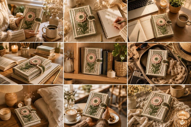 Puede incluir: Un cuaderno rectangular con una cubierta de ganchillo en color verde salvia, decorado con una flor tridimensional en tonos rosa y blanco en la parte frontal. La cubierta incluye una tira de ganchillo verde a juego con un cierre de bot&oacute;n.