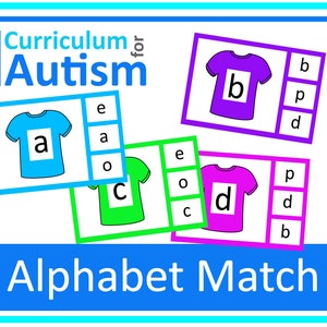 Könnte beinhalten: Ein farbenfrohes Alphabet-Zuordnungsspiel für Kinder mit Autismus. Das Spiel enthält vier T-Shirts mit Buchstaben darauf und vier Sätze von Buchstabenkacheln. Die Buchstaben sind a, b, c und d. Das Spiel soll Kindern helfen, das Alphabet zu lernen und ihre Zuordnungsfähigkeiten zu verbessern.