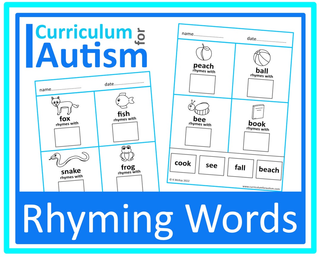 Rhyming Words Phonics Cut Paste Worksheets Autism Special Education ...