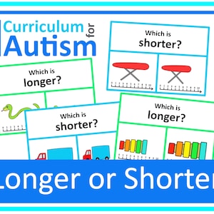 May include: Four colorful cards with the words "Which is longer?" and "Which is shorter?" on each card. The cards show a snake, a truck, an ironing board, and a set of colorful blocks. Each card has a ruler underneath the image to help determine the length.
