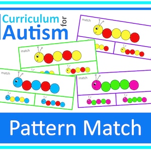 Puede incluir: Una hoja de trabajo imprimible para hacer coincidir patrones. La hoja de trabajo presenta tres orugas coloridas con segmentos de diferentes colores. La palabra "match" aparece sobre cada oruga. La hoja de trabajo se titula "Pattern Match".