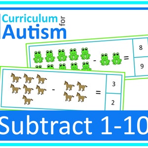 Aftrekken tot 10 dierenthema-clipkaarten Autisme Speciaal onderwijs Wiskunde