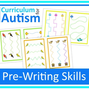 Pode incluir: Um conjunto de folhas de trabalho imprimíveis para habilidades pré-escrita, apresentando várias atividades de traçado de linhas com ilustrações coloridas de animais. As folhas de trabalho são intituladas "Curriculum for Autism: Pre-Writing Skills".