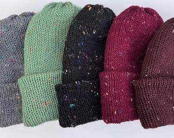 Gorro de tweed hecho a mano para mujer y hombre, unisex, de punto acanalado moteado, para invierno