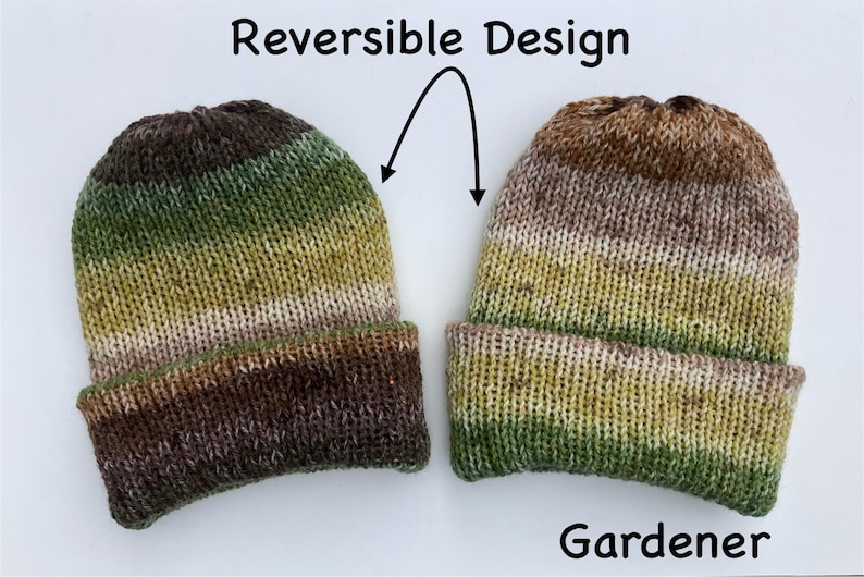 May include: Two reversible knit beanies with a color gradient of brown, green, and tan. The text "Reversible Design" and "Gardener" are displayed. The beanies are folded at the brim.