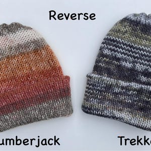 May include: Two knitted beanies, one in Lumberjack colors of brown, orange, and red, and the other in Trekker colors of gray, white, and black. The word "Reverse" is above the beanies. The word "Lumberjack" is below the first beanie, and "Trekker" is below the second.