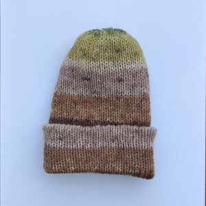 May include: A hand-knitted beanie hat in shades of brown, tan, and green. The hat features a folded brim and a textured knit pattern. The color gradient transitions from green at the crown to brown at the brim.