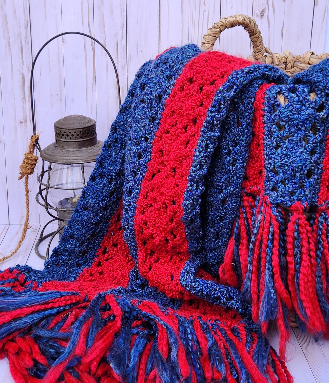 Crochet Red and Blue Blanket Diamond Stitch