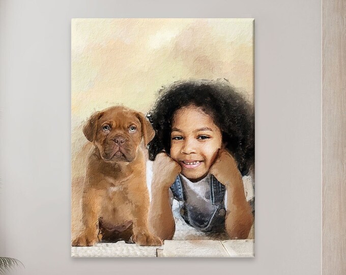 Girl And Dog Personalized Wall Art, Portrait From Photo, Digitally Drawn, Printed On Canvas