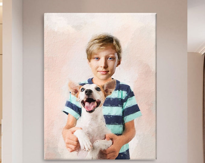 Toddler And Dog Personalized Wall Art, Portrait From Photo, Digitally Drawn, Printed On Canvas