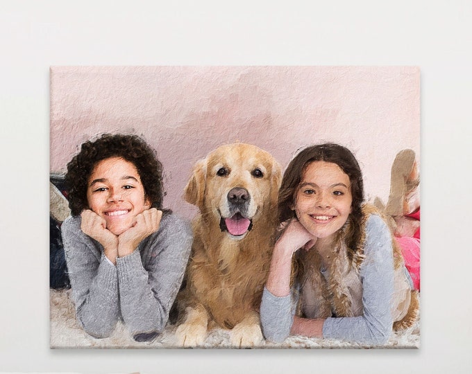 Kids And Dog Personalized Wall Art, Family Portrait From Photo, Digitally Drawn, Printed On Canvas