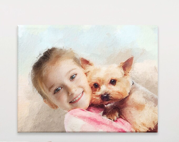 Girl And Dog Personalized Wall Art, Portrait From Photo, Digitally Drawn, Printed On Canvas