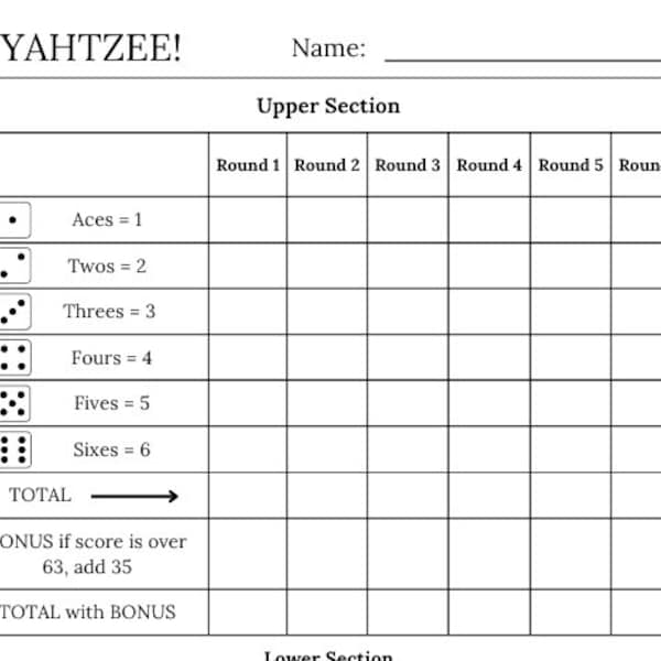 Yahtzee Score Card Digital Download