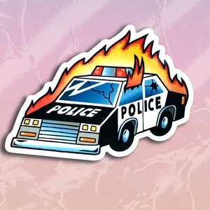 Police Car Fire Sticker for Skateboard Cartoon Illustration