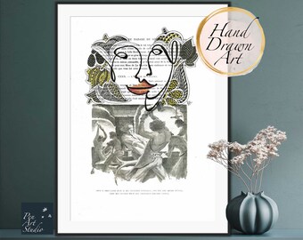 May include: A black and white hand-drawn illustration of a face with a red mouth and yellow and black details. The face is superimposed on a vintage black and white illustration of people working in a factory.