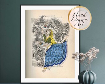 May include: A hand-drawn illustration of a woman in a blue and yellow dress dancing. The illustration is done in black ink on a vintage book page with the text "Lettres Madame de Sevigne" visible. The image is framed and has a "Hand Drawn Art" label.