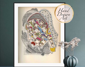 May include: A colorful hand-drawn illustration of a face surrounded by intricate patterns and designs. The face is made up of many smaller faces, each with unique features and expressions. The artwork is created on a vintage book page, adding a unique and textured element to the piece.