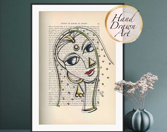 May include: A hand-drawn illustration of a woman's face in a colorful style. The woman is wearing a headscarf and jewelry. The illustration is drawn on a page of a book with text in French. The text reads "Lettres de Madame de Sévigné".