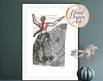 May include: A black and white hand-drawn illustration of a woman in a red and black outfit dancing. The woman's skirt is made up of intricate patterns and designs. The illustration is set against a page of text from a book.