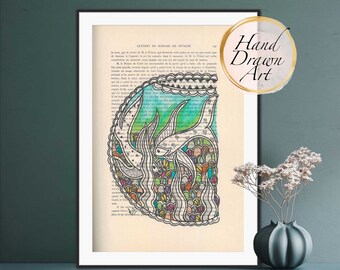 May include: Hand-drawn illustration of fish swimming in a colorful underwater scene. The illustration is drawn on a vintage book page with the text "Lettres de Madame de Sevigne" visible.