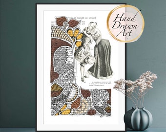 May include: A black and white illustration of two people in period clothing, surrounded by intricate brown, yellow, and black floral patterns. The text "Lettres de Madame de Sévigné" is visible at the top of the image.