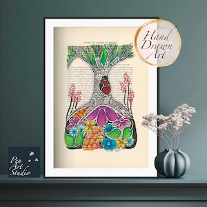 May include: Hand-drawn illustration of a tree with colorful flowers and hearts on a vintage book page. The text "Lettres de Madame de Sevigne" is visible on the page.