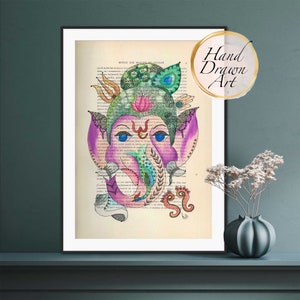 May include: A colorful hand-drawn illustration of the Hindu deity Ganesha on a vintage book page. The illustration is done in a doodle style with intricate details and vibrant colors. The image is framed and displayed on a shelf.