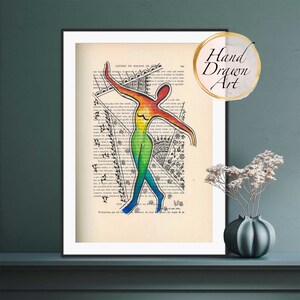 May include: A hand-drawn illustration of a person dancing on a vintage book page. The person is drawn in rainbow colors and is surrounded by black and white patterns.