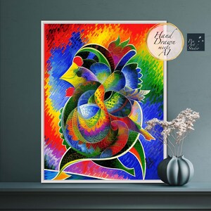Op de afbeelding: Abstracte schilderij van een kleurrijke vogel met een geometrisch ontwerp. De vogel wordt omringd door een levendige achtergrond van rood, geel, blauw en groen. Het schilderij is ingelijst in een wit frame.