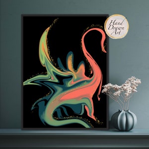 May include: Abstract art print featuring a swirling, fluid design in shades of green, coral, and gold on a black background. The design resembles a stylized bird or swan. The text "Hand Drawn Art" is visible in the upper right corner.