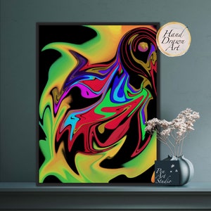 May include: Abstract art print with swirling colors of red, yellow, green, blue, and black. The print is framed in black and has the text "Hand Drawn Art" in a circle in the top right corner.