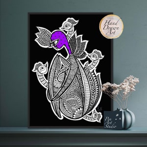 May include: Black and white line art drawing of a peacock with purple accents. The peacock is surrounded by intricate patterns and designs. The artwork is framed and labelled "Hand Drawn Art" and "Pen Art Studio".