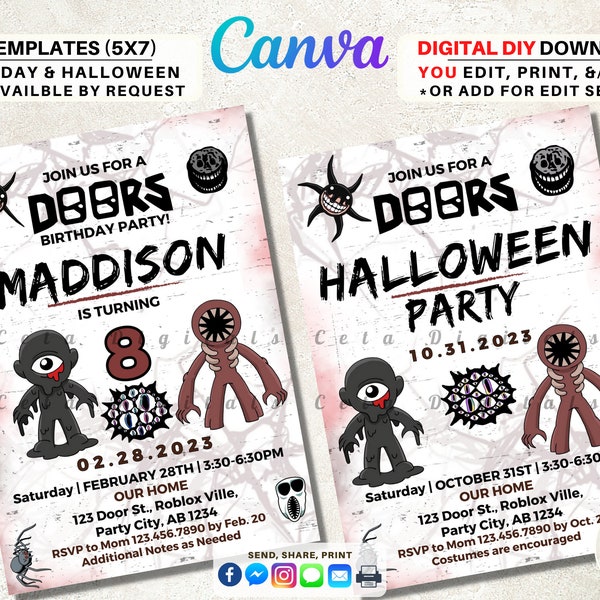 Pintu medeni medeni, undhangan template DIEI DIY ngundang perayaan ulang tahun Halloween digital download, Cithakan Cancava bisa diowahi