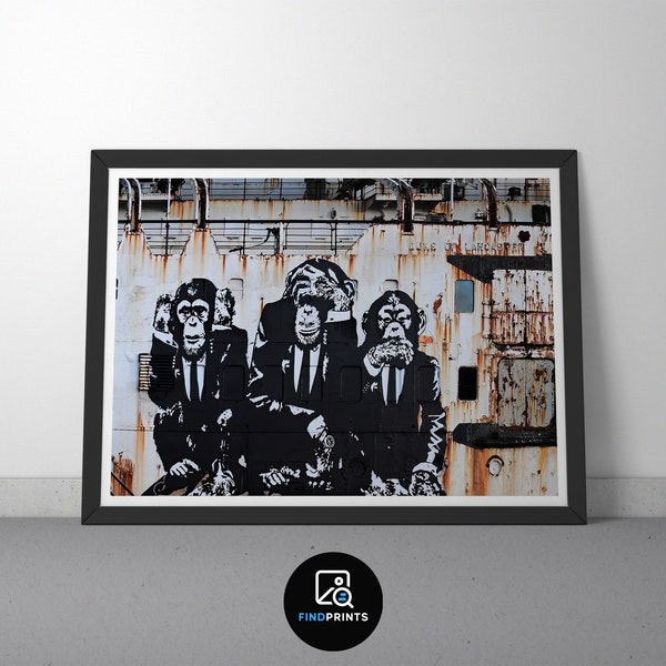 Banksy Wall Art | 3 Wise Monkeys | Poster Printable Digital Download File | High Resolution | Urban Graffiti Art | Three Monkey Street Art