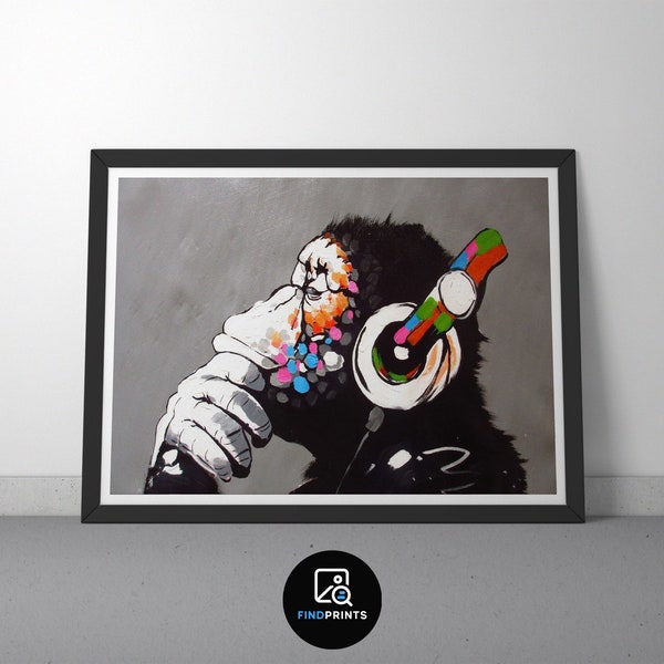 Banksy Wall Art |Monkey DJ With Headphones | Poster Printable Digital Download File | High Resolution | Urban Graffiti Art | Chimp Gorilla