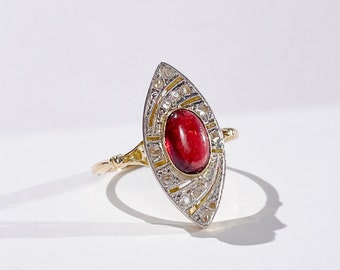 Victorian diamond ring, Antique marquise ring, Old cut diamond ring (circa 1900) Marquise ring with garnet and old-cut diamonds