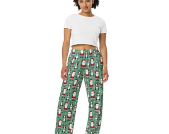 Allover Print Unisex Wide Leg Pant, Holiday Themed Pajama Bottoms, Ladies Allover Graphic Print, Unisex PJ's with Side Pockets and Tie Waist