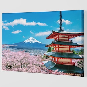Cherry Blossoms In Spring, Chureito Pagoda And Fuji Mountain In Japan Canvas Art Print