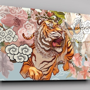 Tiger And Butterfly Amid Cherry Blossom High Gloss Acrylic Glass Wall Art Ready To Hang