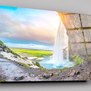 Beautiful Seljalandsfoss Waterfall In Iceland During Sunset High Gloss Acrylic Glass Wall Art Ready To Hang