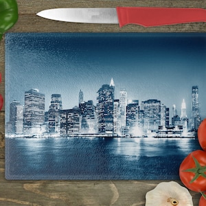 A View Of New York City At Night Time Rectangular Glass Cuttingboard, Aesthetic Kitchen Decor