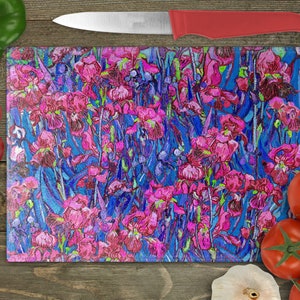 Van Gogh&#39;s Irises background Rectangular Glass Cuttingboard, Chopping Board Aesthetic Kitchen Decor