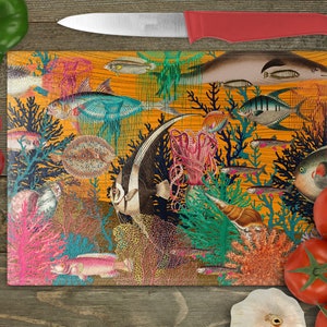 Vintage Underwater Patterned Background, Marine Life Illustration Rectangular Glass Cuttingboard, Chopping Board Aesthetic Kitchen Decor