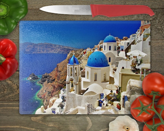 Santorini Greece Tempered Glass Cutting Board, Chinchilla Finish