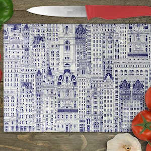 Blue City Buildings Pattern Background Vintage Art Rectangular Glass Cuttingboard, Chopping Board Aesthetic Kitchen Decor