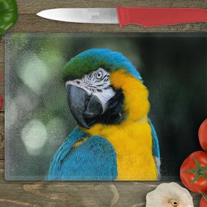 Parrot With Vibrant Blue, Yellow And Green Colours Rectangular Glass Cuttingboard, Chopping Board Aesthetic Kitchen Decor