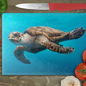 A Turtle Glides Through The Water Rectangular Glass Cuttingboard, Aesthetic Kitchen Decor