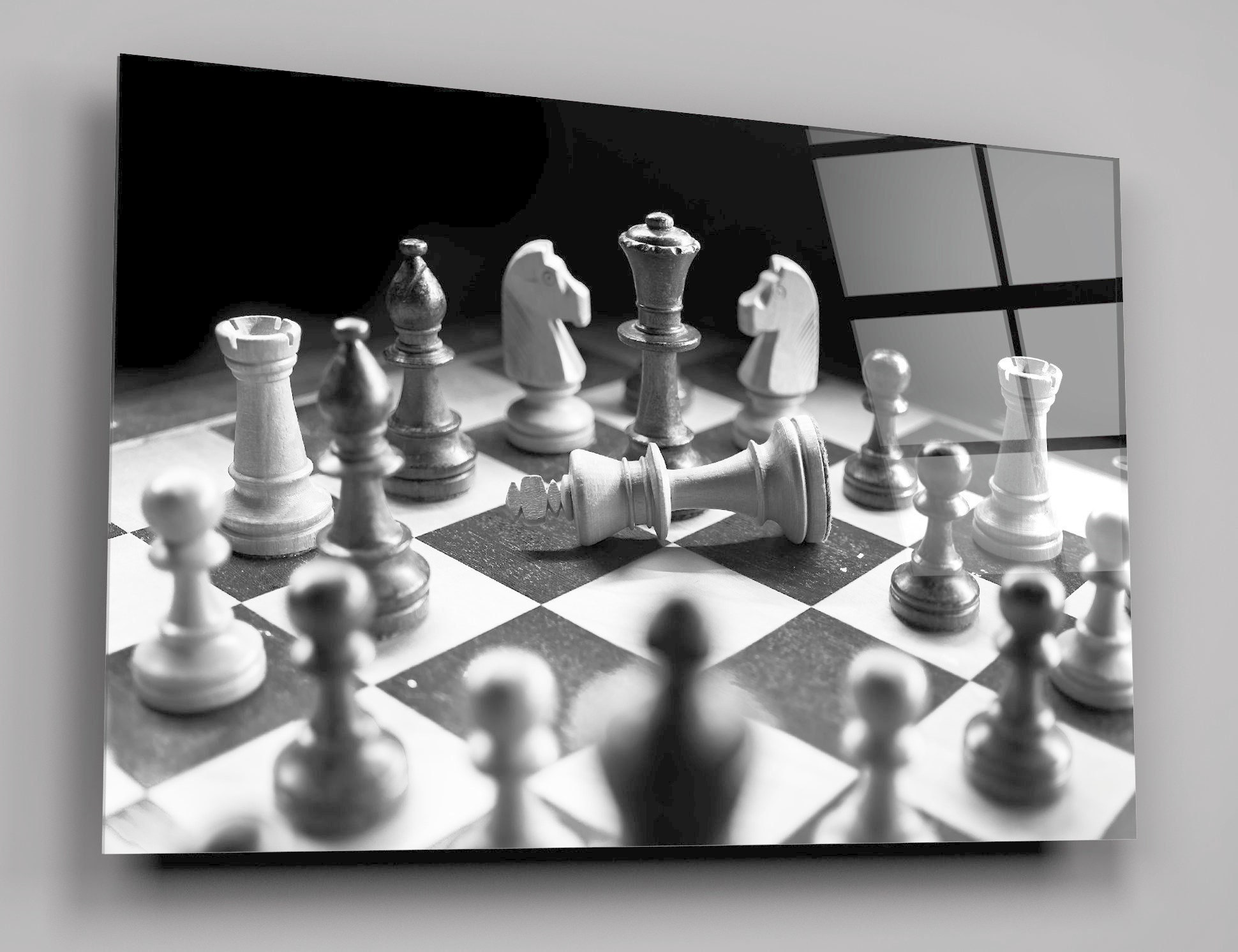 White chess pieces standing on the left of the image, a chessboard in the  background, and black chess pieces standing on the right side. they are  facing each other. highly detailed, this